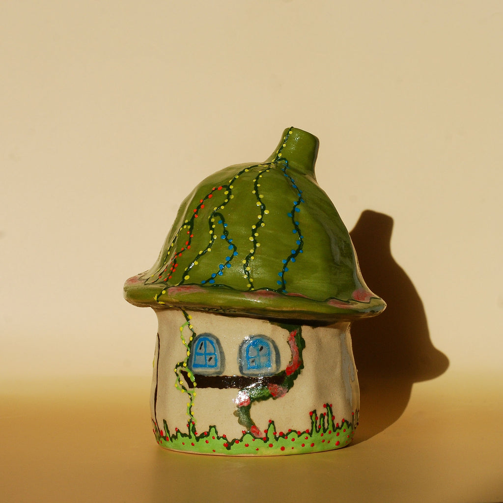 whimsical handmade ceramic incense holder with chimney for incense cone smoke