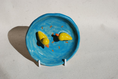 duckie pond ceramic dish top view, cute hand-painted pottery Netherlands
