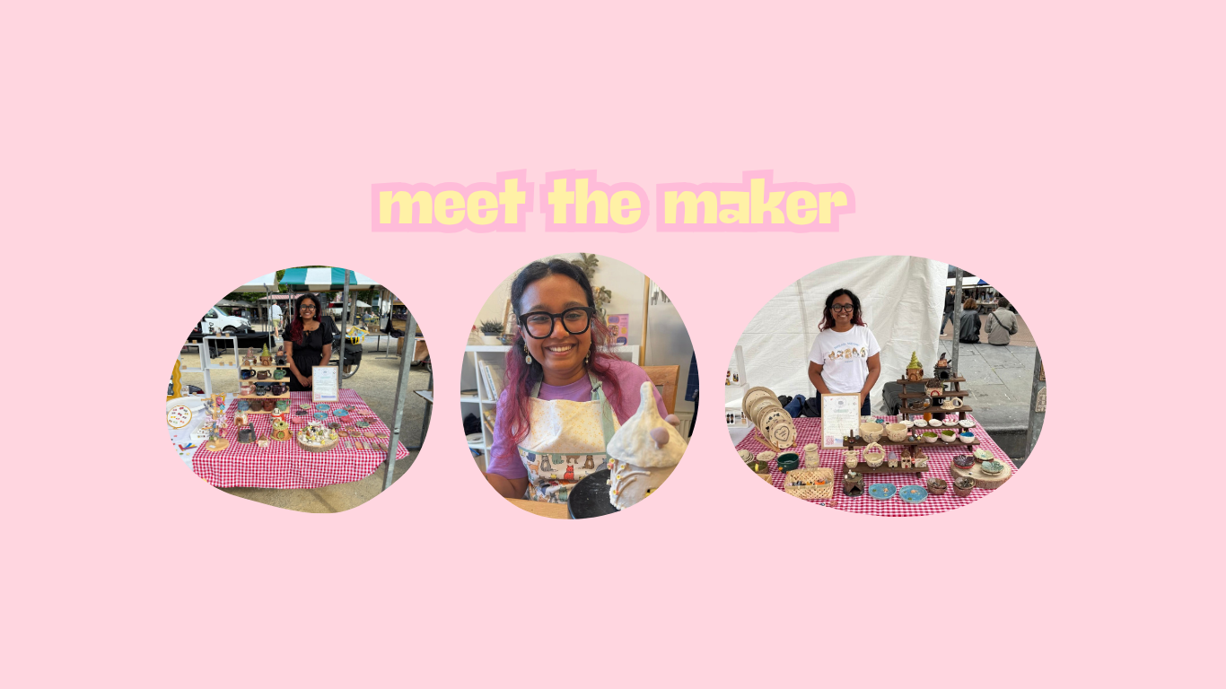 Promotional graphic for 'Meet the Maker' with images of a woman and her products on a pink background.