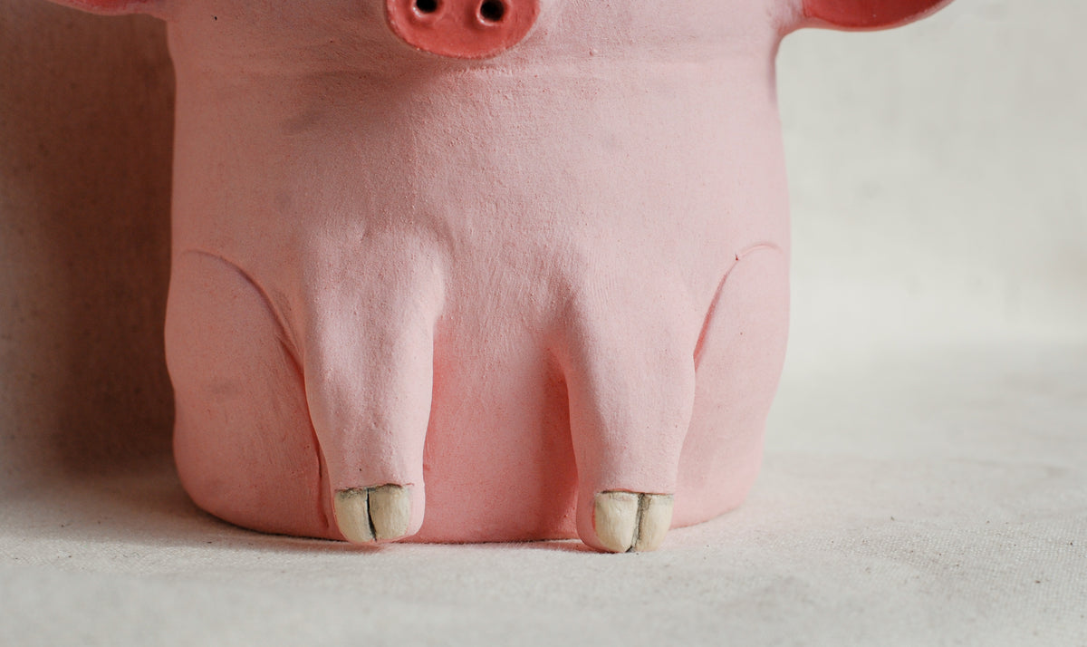 A pink pig-shaped planter or decorative pot shown from the back, with small hooves and a snout detail, photographed against a plain light background.